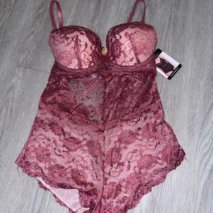 New! French Affair Lace Push Up Lace Bodysuit in dusty cedar large